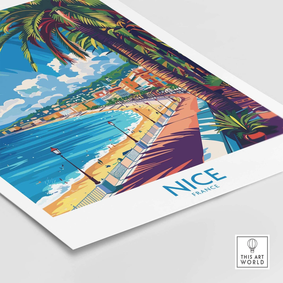 Nice Wall Art Poster - France showcasing a vibrant beach scene with palm trees and clear blue waters.