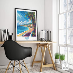 Nice Wall Art Poster - France displayed in a stylish office setting with palm trees and coastal scenery.