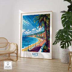 Nice Wall Art Poster - France showcasing the beautiful scenery of Nice with palm trees and vibrant coastline.