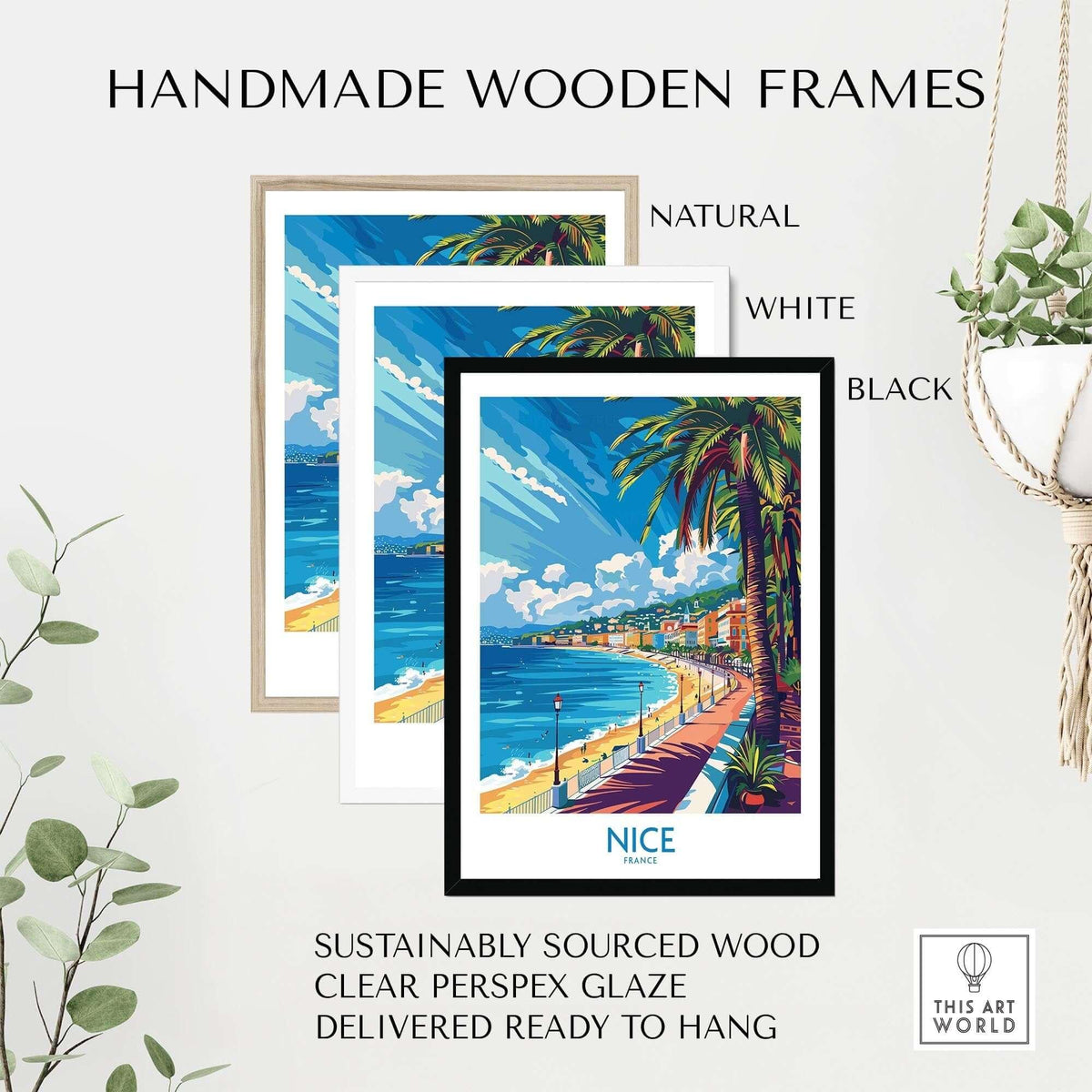 Nice Wall Art Poster - France displayed in handmade wooden frames, showcasing tropical scenery and clear perspex glaze.