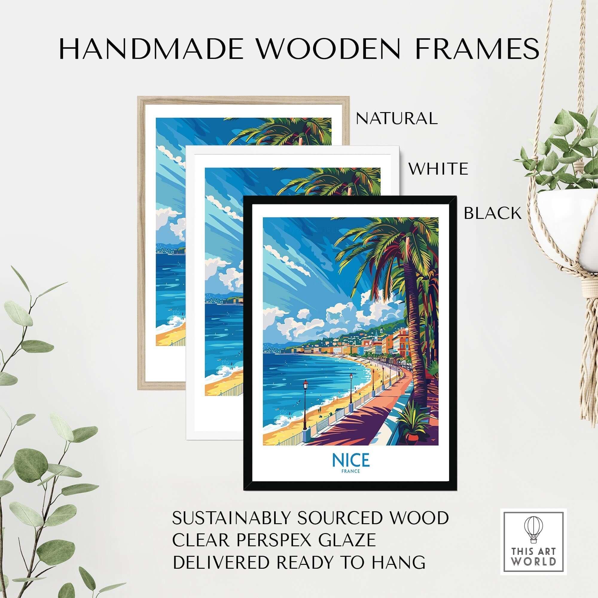 Nice Wall Art Poster - France displayed in handmade wooden frames, showcasing tropical scenery and clear perspex glaze.