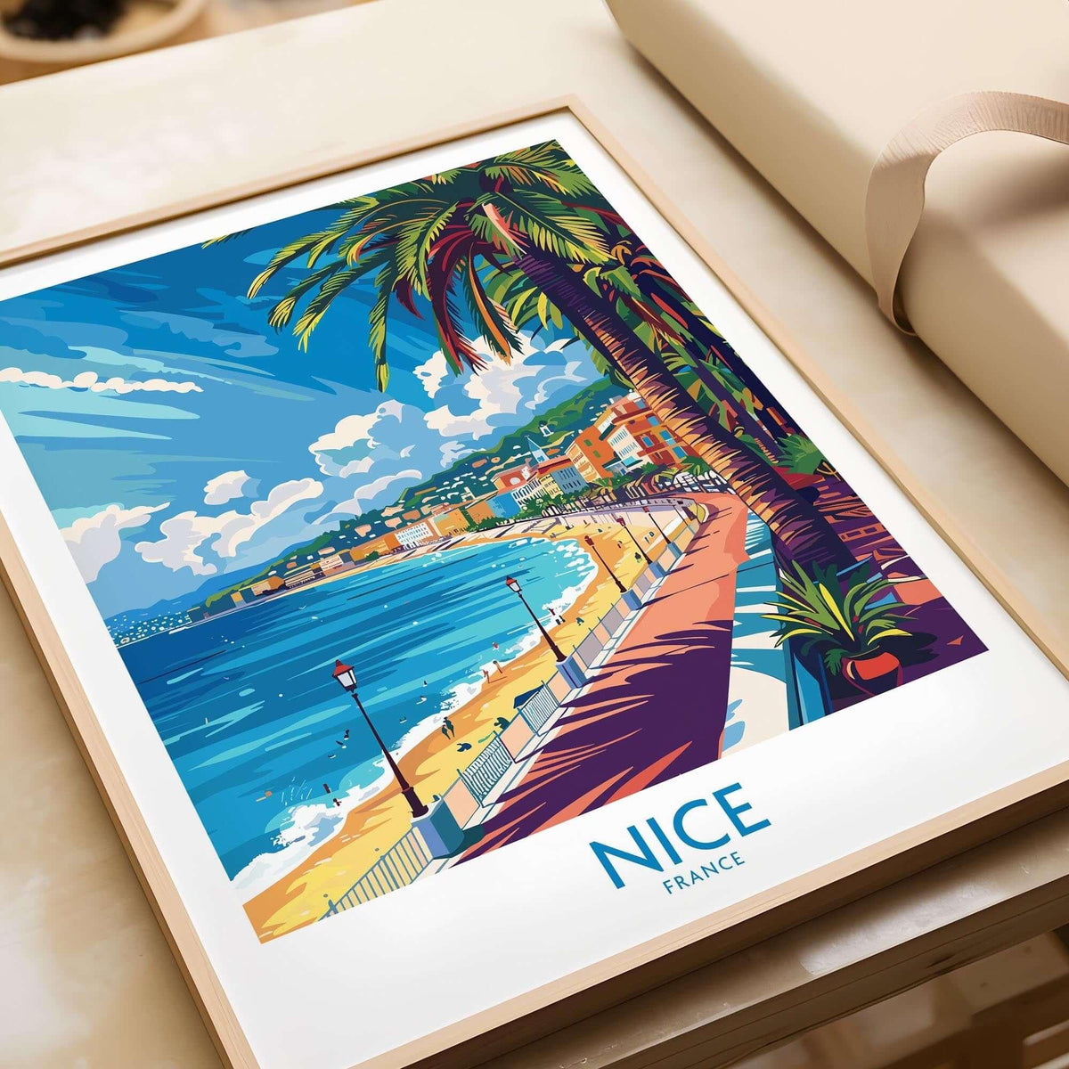 Nice Wall Art Poster - France showcasing vibrant coastal scenery and palm trees in Nice, perfect for home decor.