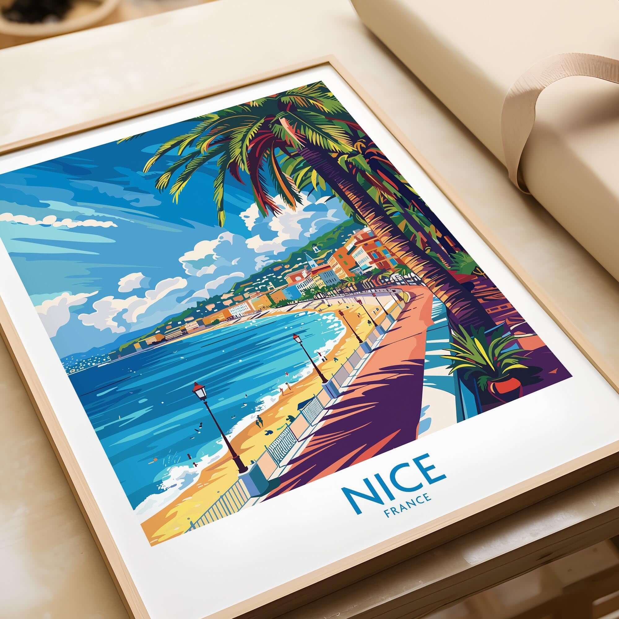 Nice Wall Art Poster - France showcasing vibrant coastal scenery and palm trees in Nice, perfect for home decor.