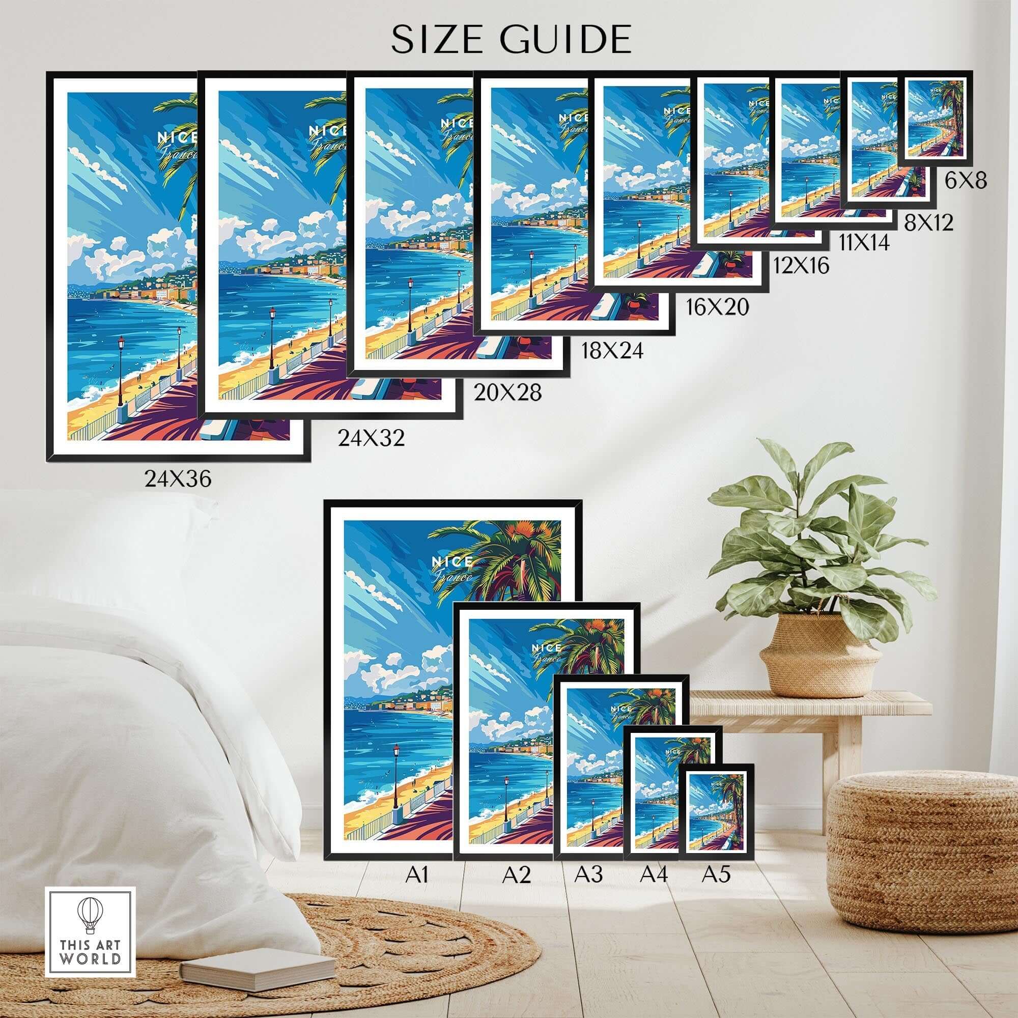 Nice Wall Art Print - France size guide displayed with various dimensions and framed examples.