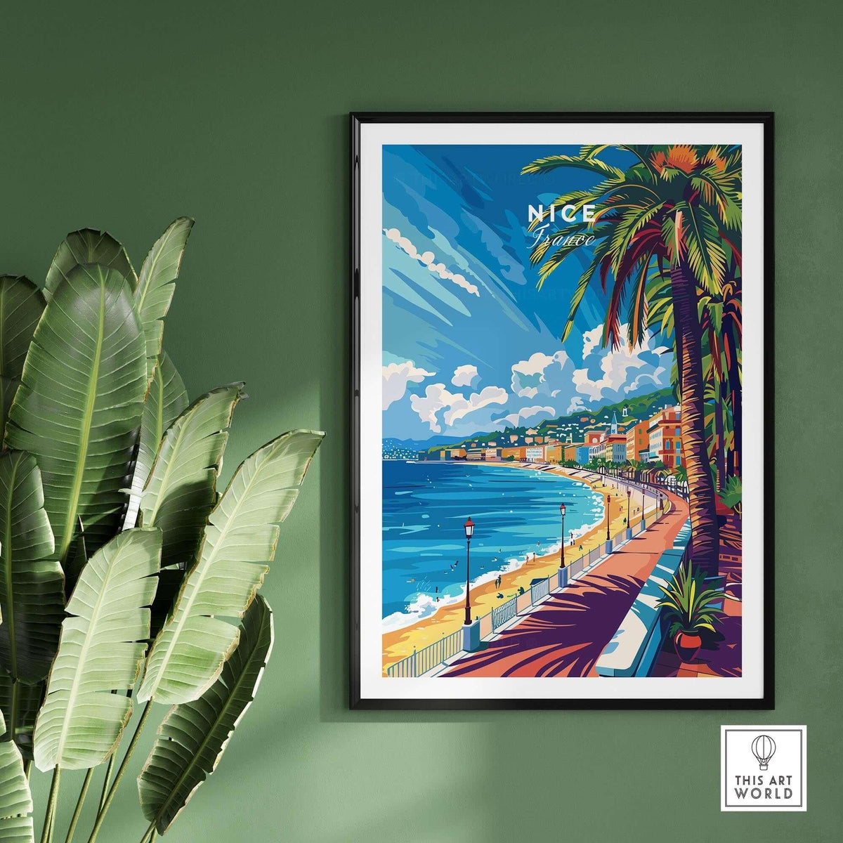 Nice Wall Art Print - France featuring a vibrant coastal scene of Nice with palm trees and blue skies.