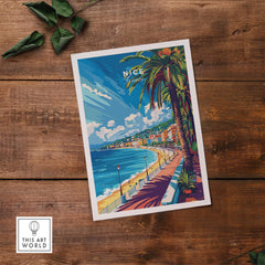 Nice Wall Art Print - France showcasing vibrant coastal scenery of Nice with palm trees and a beautiful beach.
