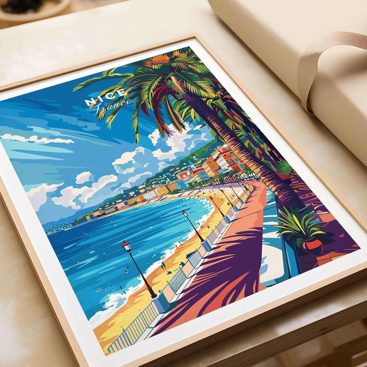 Nice Wall Art Print - France featuring vibrant colors of the South of France coastline and palm trees.
