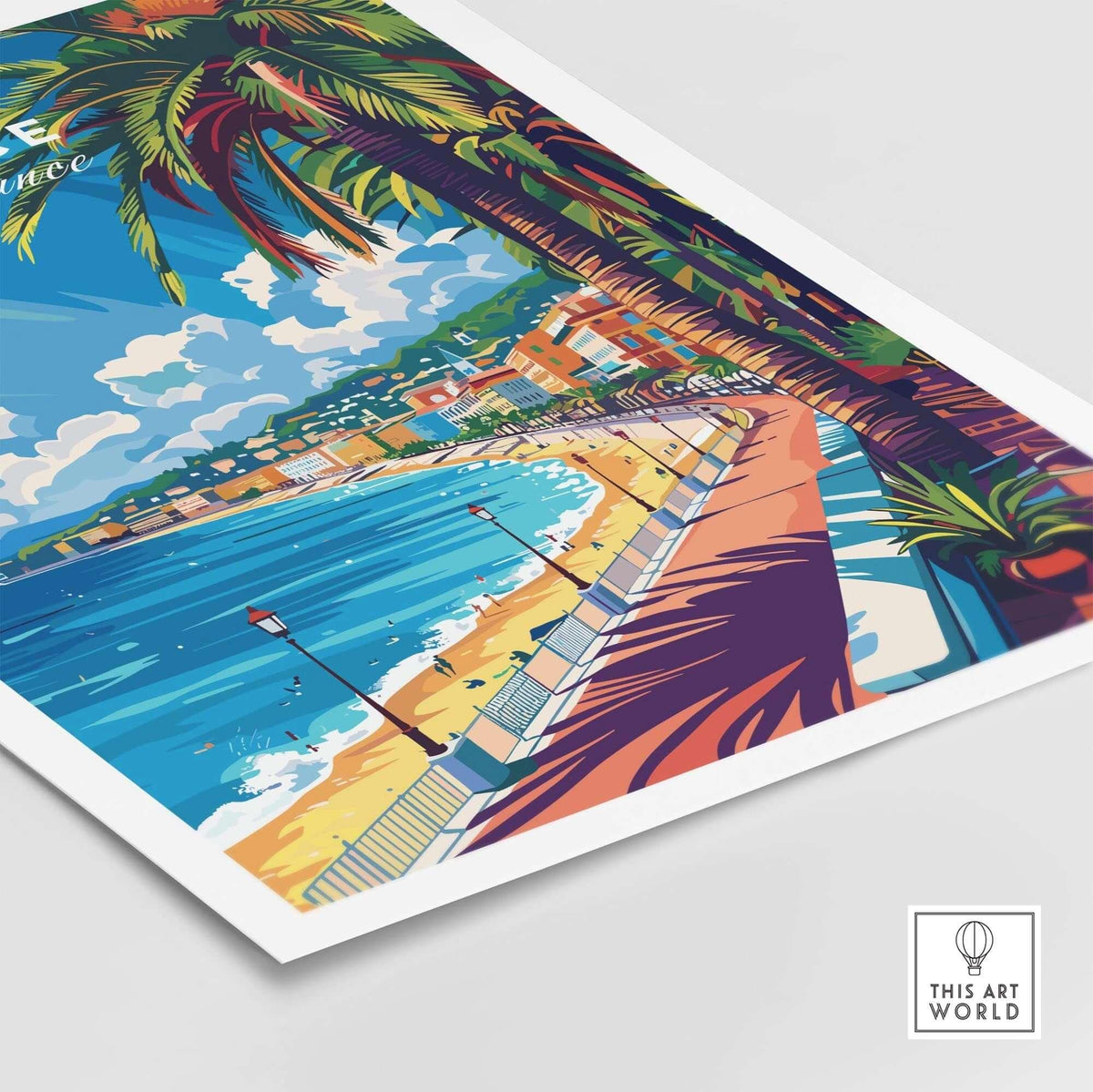 Nice Wall Art Print - France featuring vibrant colors of the South of France with palm trees and beautiful beach scenery.
