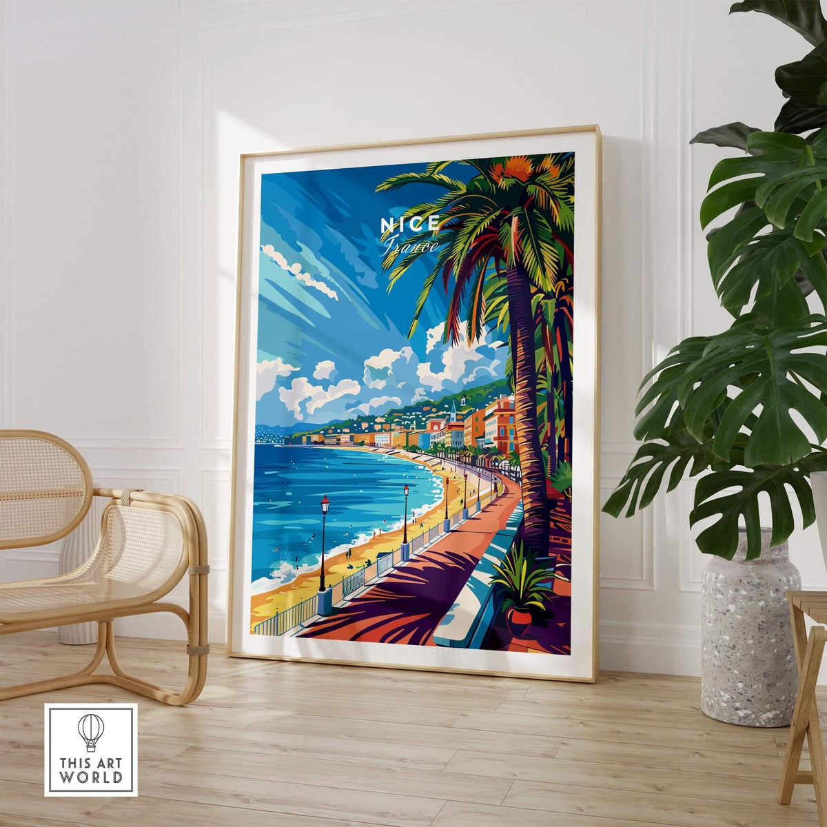 Nice Wall Art Print - France showcasing a vibrant coastal scene of Nice with palm trees and stunning blue skies.