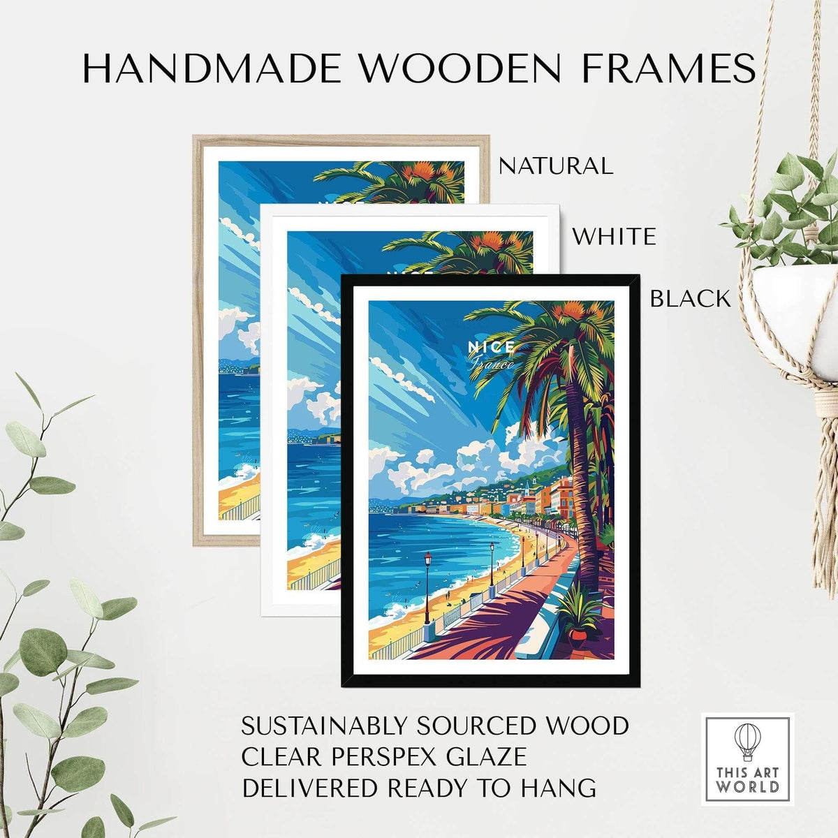 Handmade wooden frames in natural, white, and black for Nice Wall Art Print - France with sustainable materials.