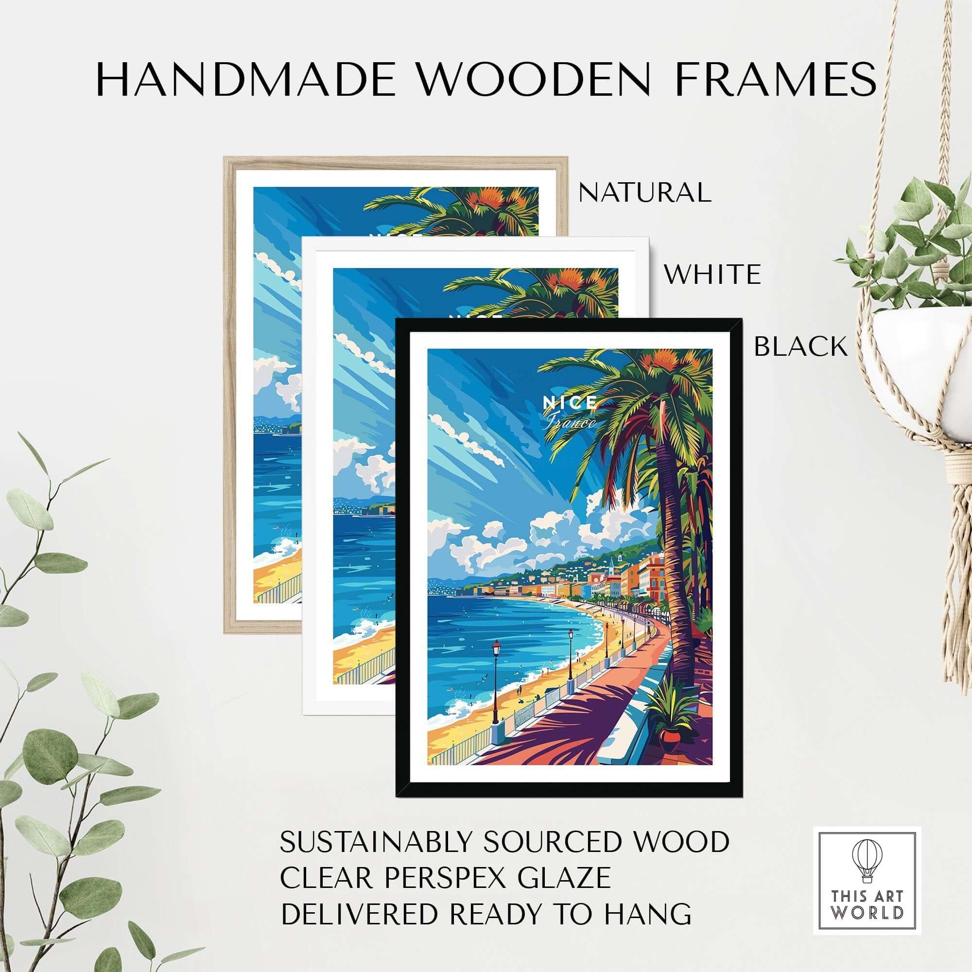 Handmade wooden frames in natural, white, and black for Nice Wall Art Print - France with sustainable materials.
