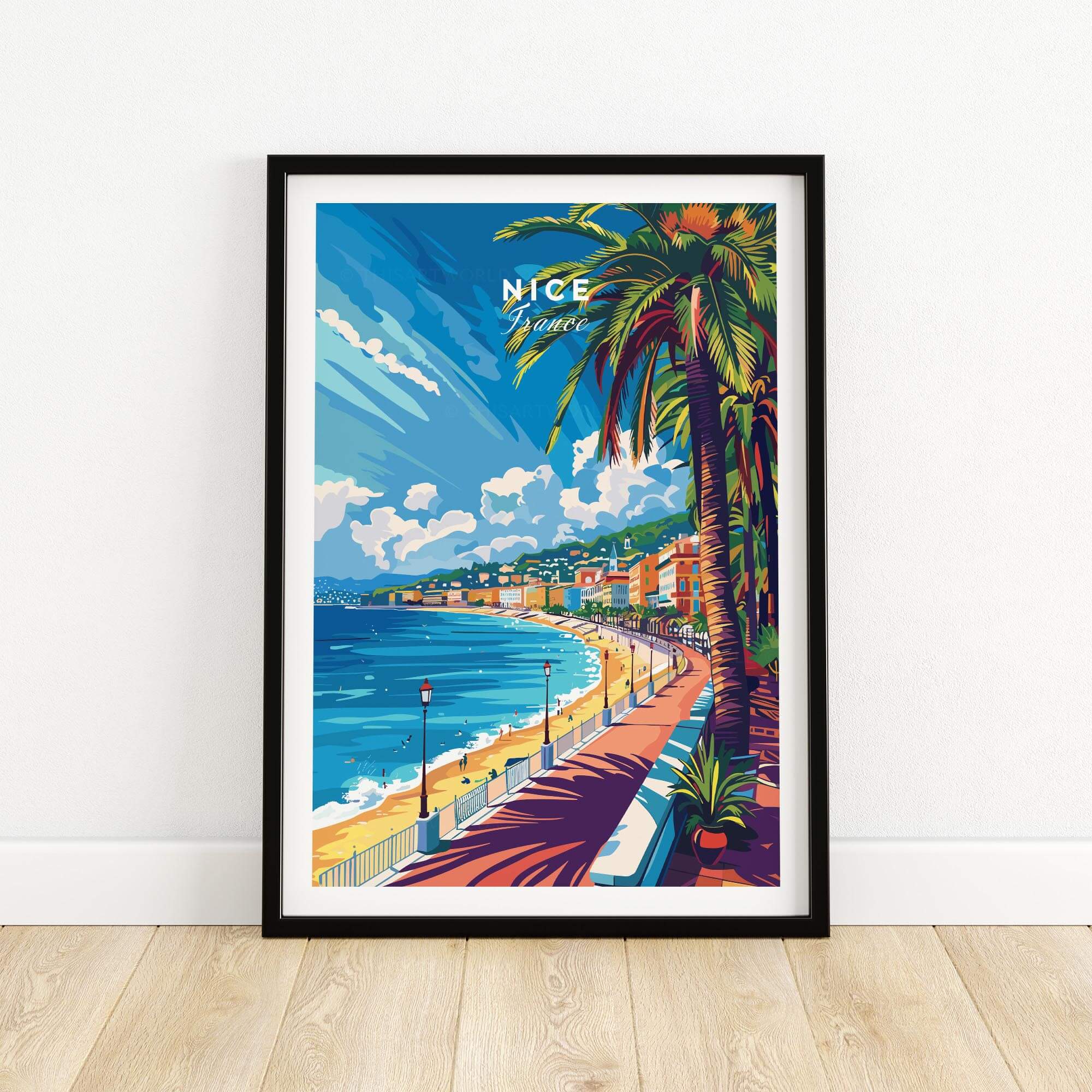 Nice Wall Art Print - France featuring a vibrant seaside view of Nice with palm trees and colorful buildings.