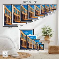 Size guide for Nimes France Travel Print wall art poster in various frame sizes.