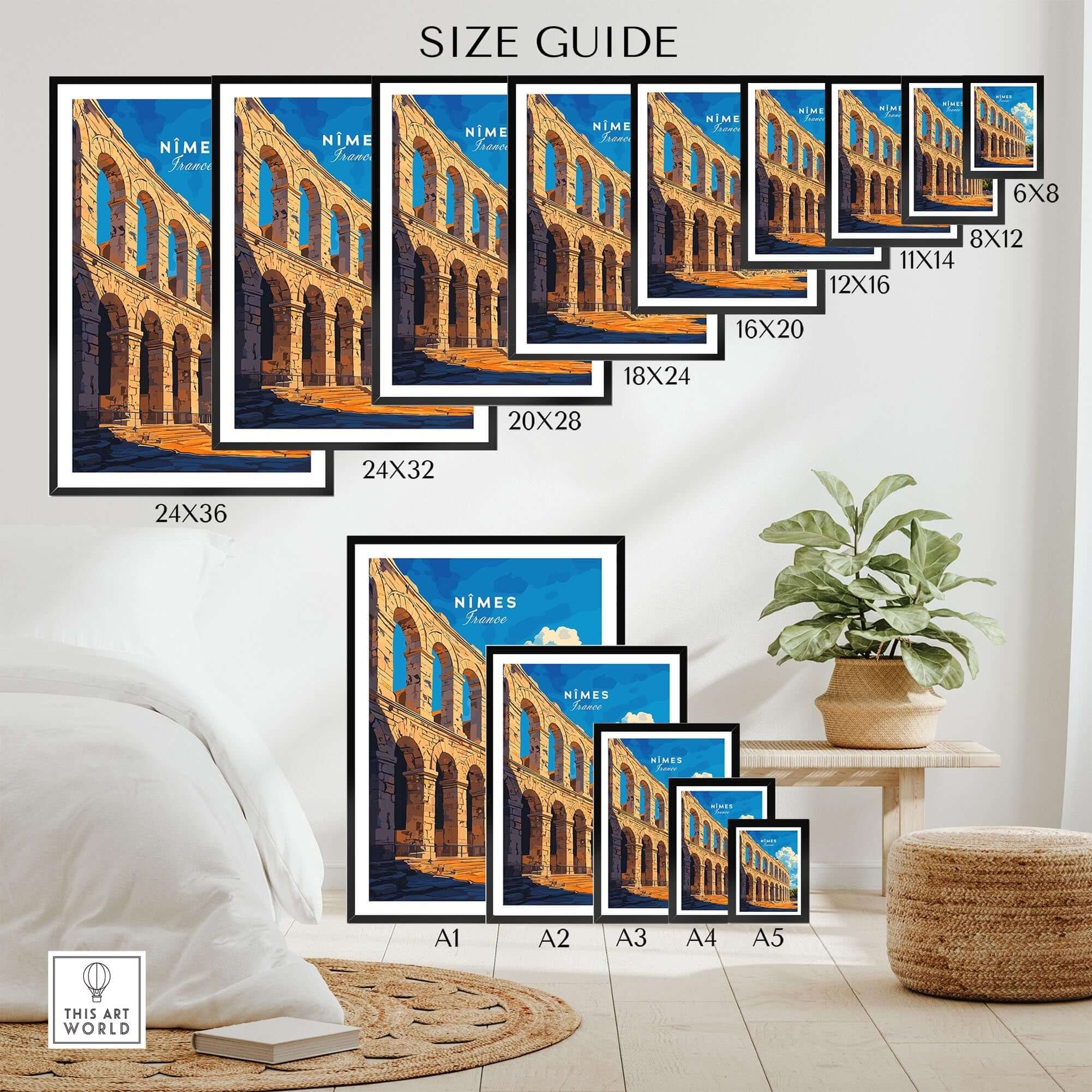 Size guide for Nimes France Travel Print wall art poster in various frame sizes.