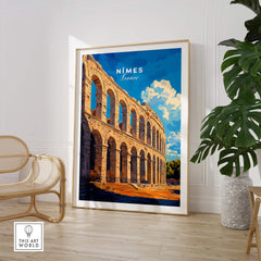 Nimes France Travel Print showcasing the historic architecture and vibrant colors of the Roman amphitheater.