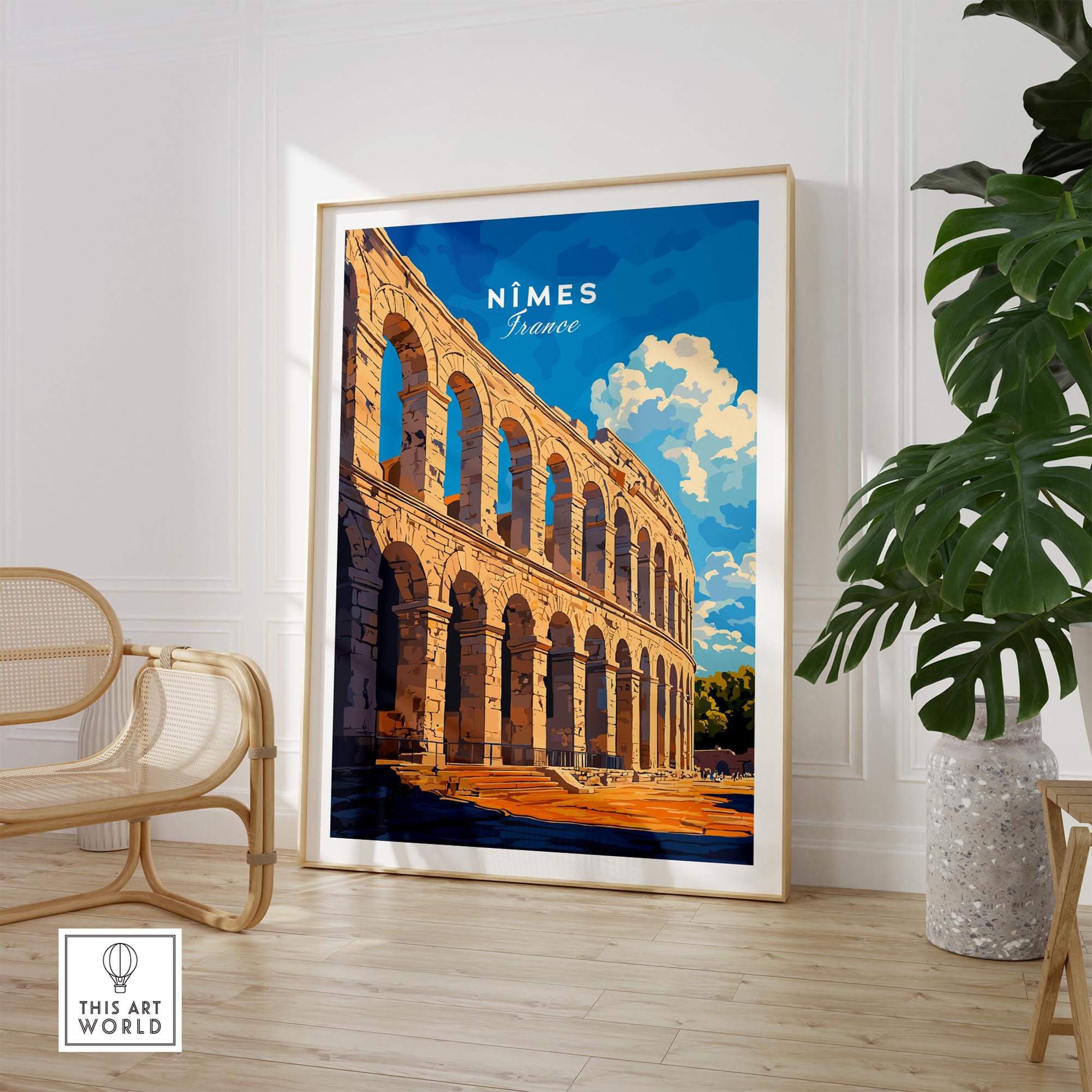 Nimes France Travel Print showcasing the historic architecture and vibrant colors of the Roman amphitheater.