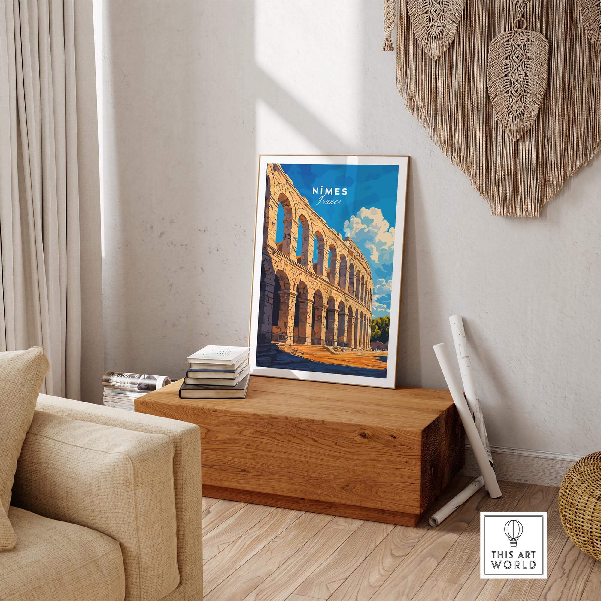 Nimes France Travel Print showcased in a stylish living room setting, perfect for travel enthusiasts and wall art lovers.