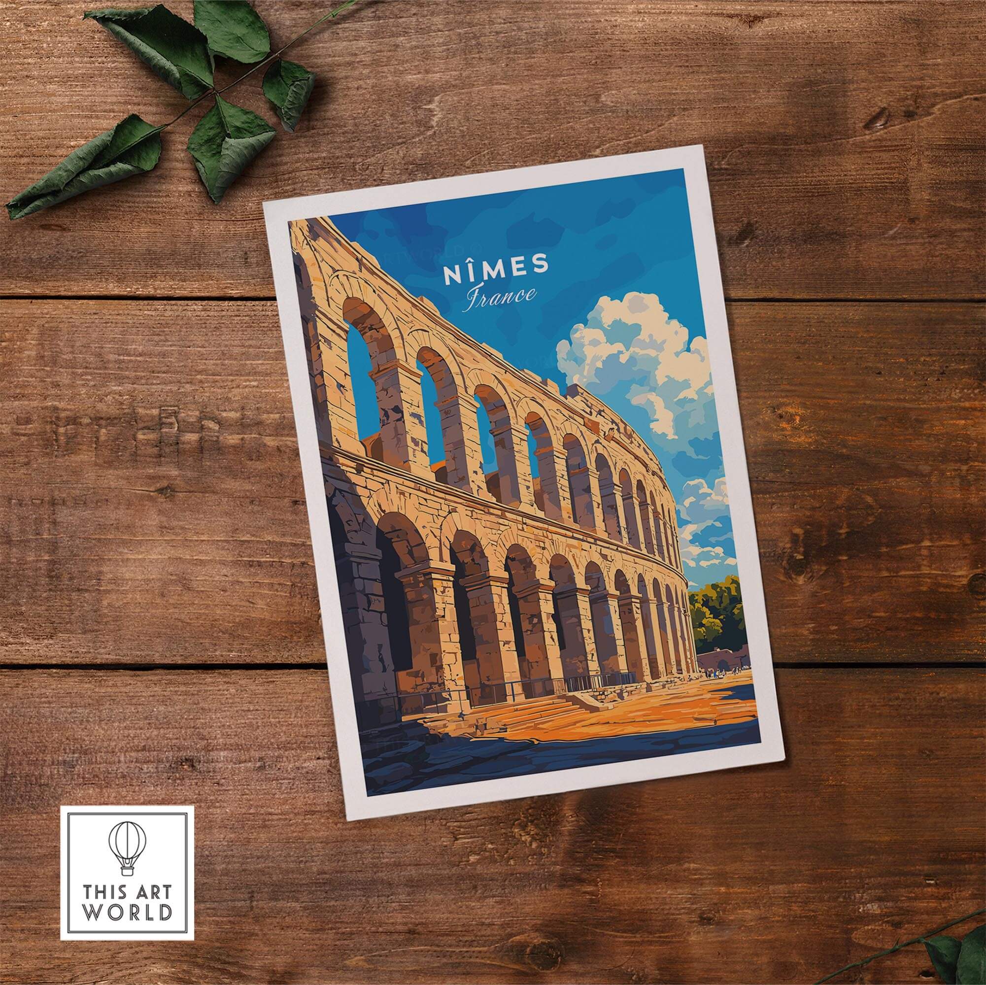 Nimes France Travel Print showcasing the iconic Roman amphitheater in a vibrant art style, perfect for wall decor.