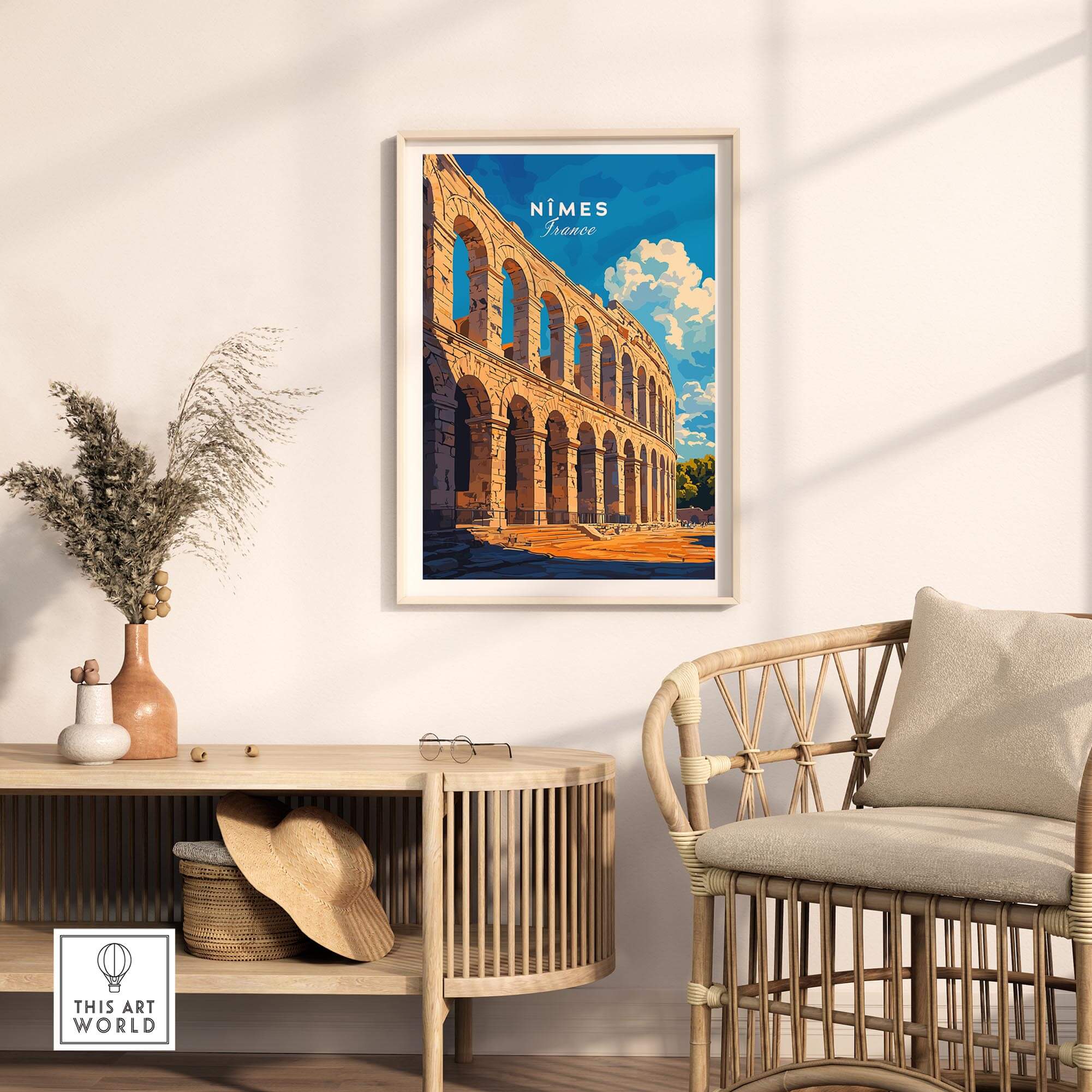 Nimes France Travel Print showcased in a stylish home setting, highlighting the city's iconic landmarks.