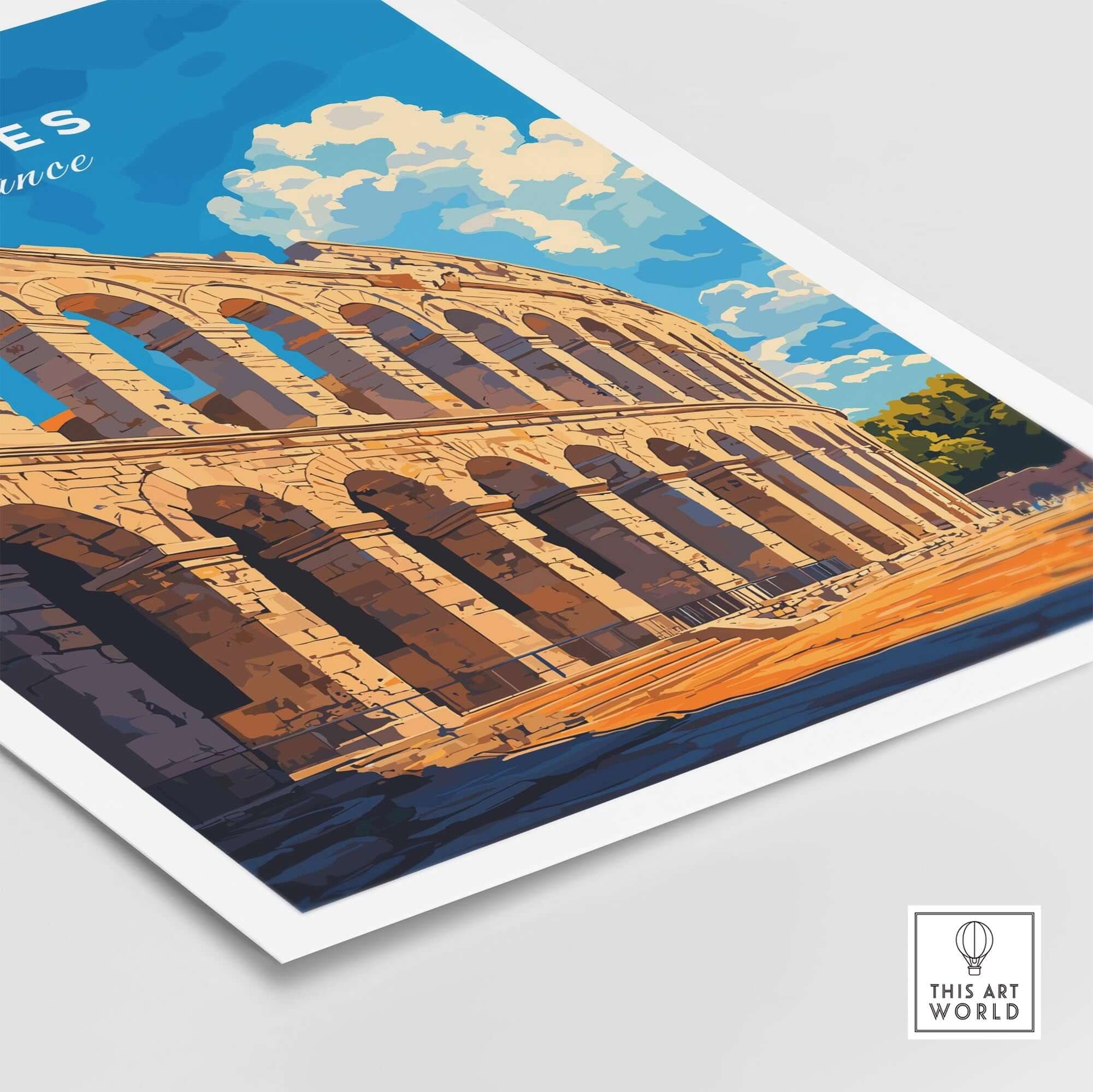 Nimes France Travel Print showcasing the iconic amphitheater, vibrant blue sky, and detailed architectural design.