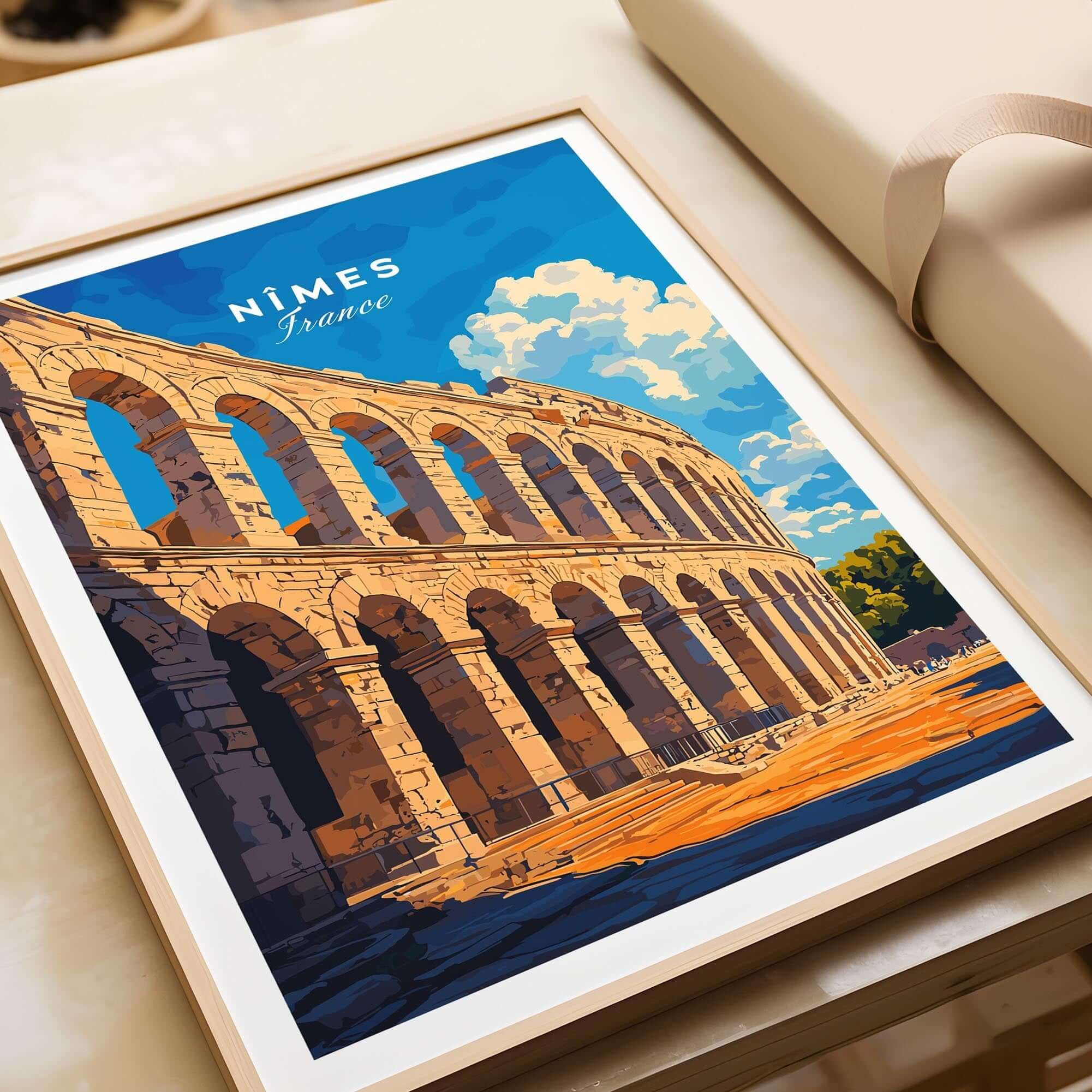 Nimes France Travel Print featuring the iconic Roman amphitheater in vibrant colors, perfect for wall art decor.