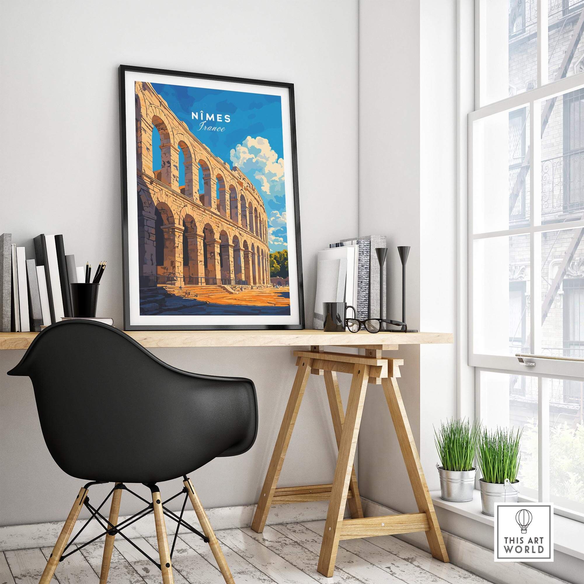 Nimes France Travel Print displayed in a modern home office setting showcasing charming architecture.