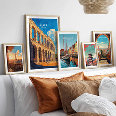 Nimes France Travel Print showcased among other vibrant travel prints in a stylish home decor setting.