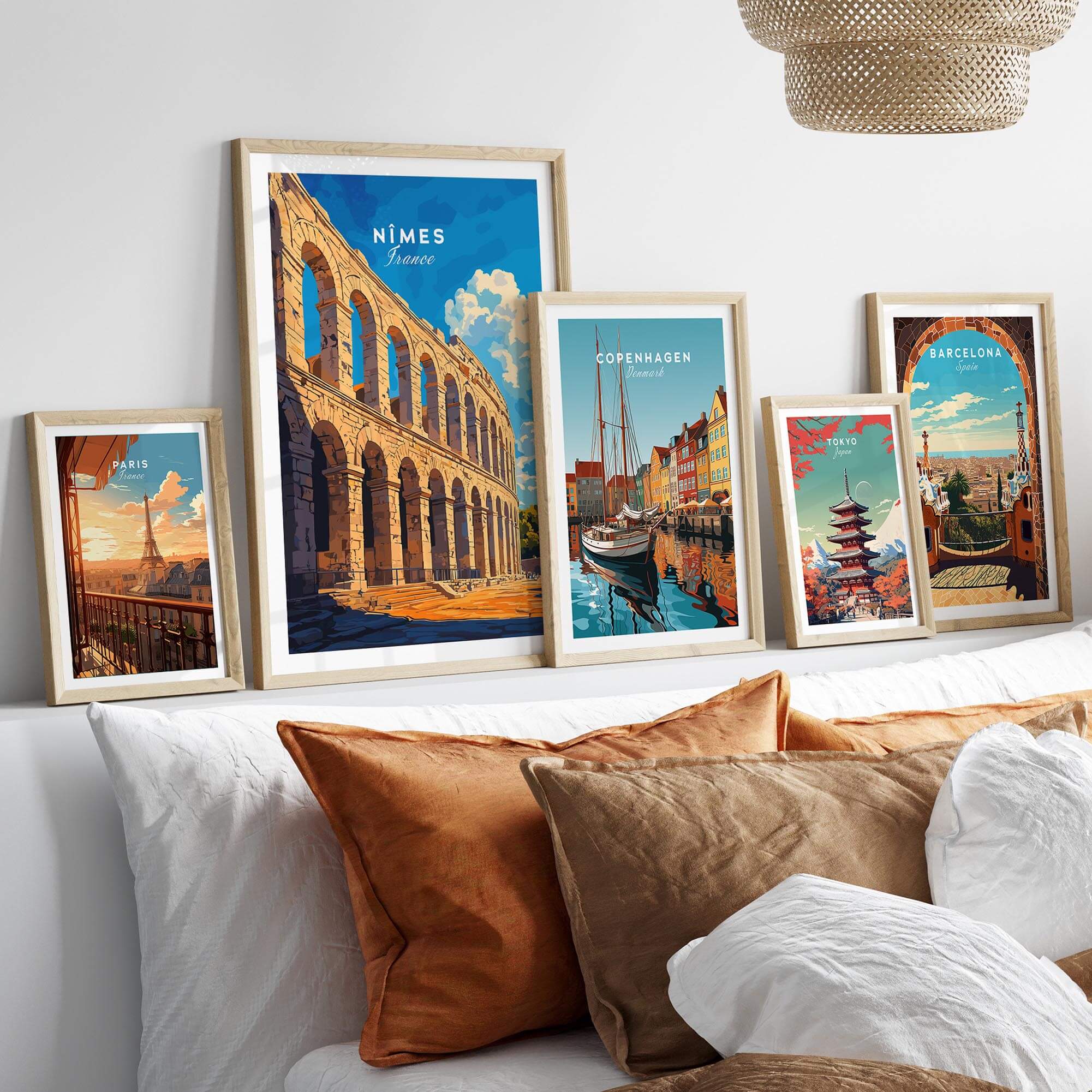 Nimes France Travel Print showcased among other vibrant travel prints in a stylish home decor setting.
