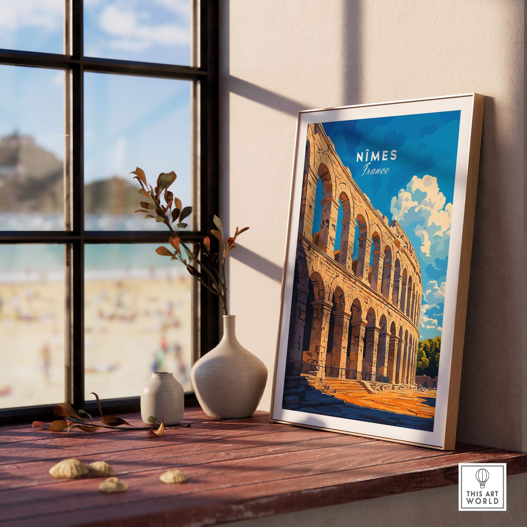 Nimes France Travel Print showcased in a stylish frame, highlighting the iconic landmarks of Nimes in a beautiful interior setting.