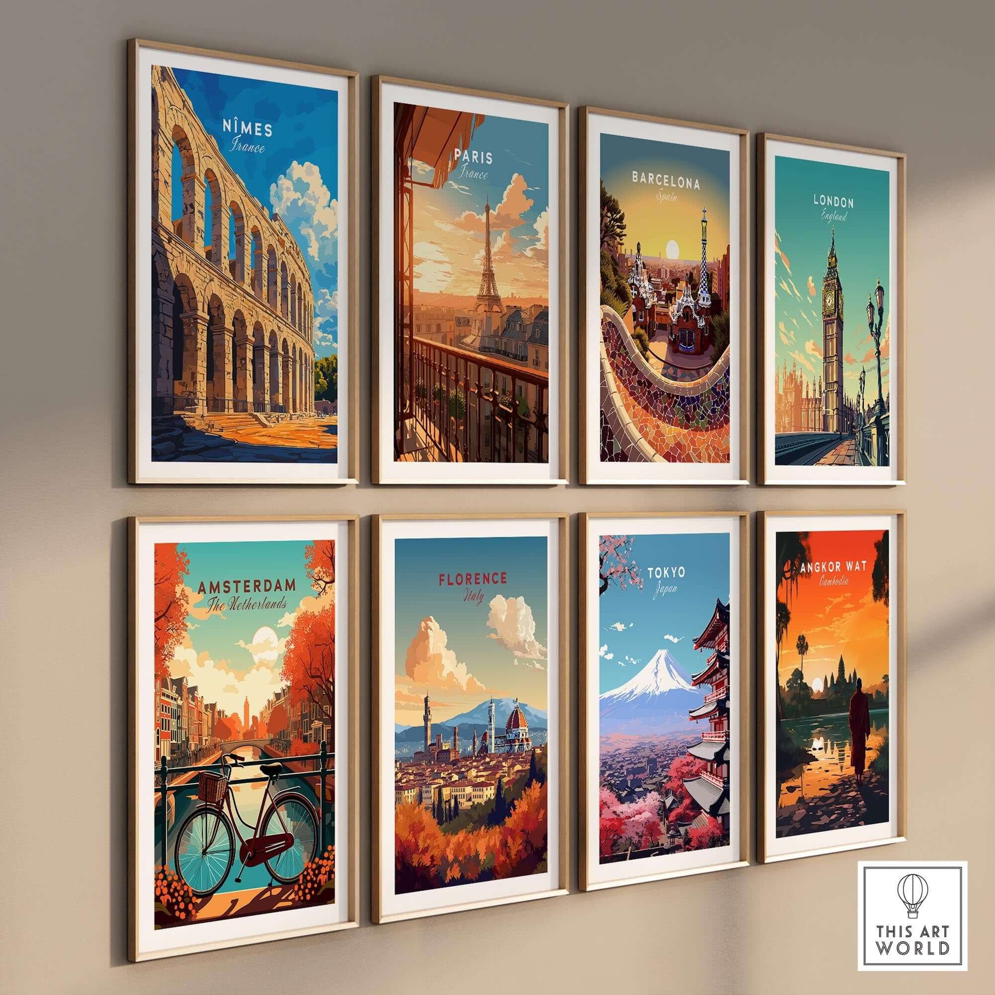 Nimes France Travel Print featuring the Colosseum and other iconic city landmarks in a vibrant wall art display.