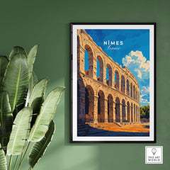 Nimes France Travel Print showcasing the iconic Roman amphitheater in a vibrant and colorful design.