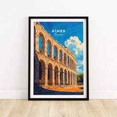 Nimes France Travel Print showcasing the iconic arches of the Roman amphitheater in Nimes, France.