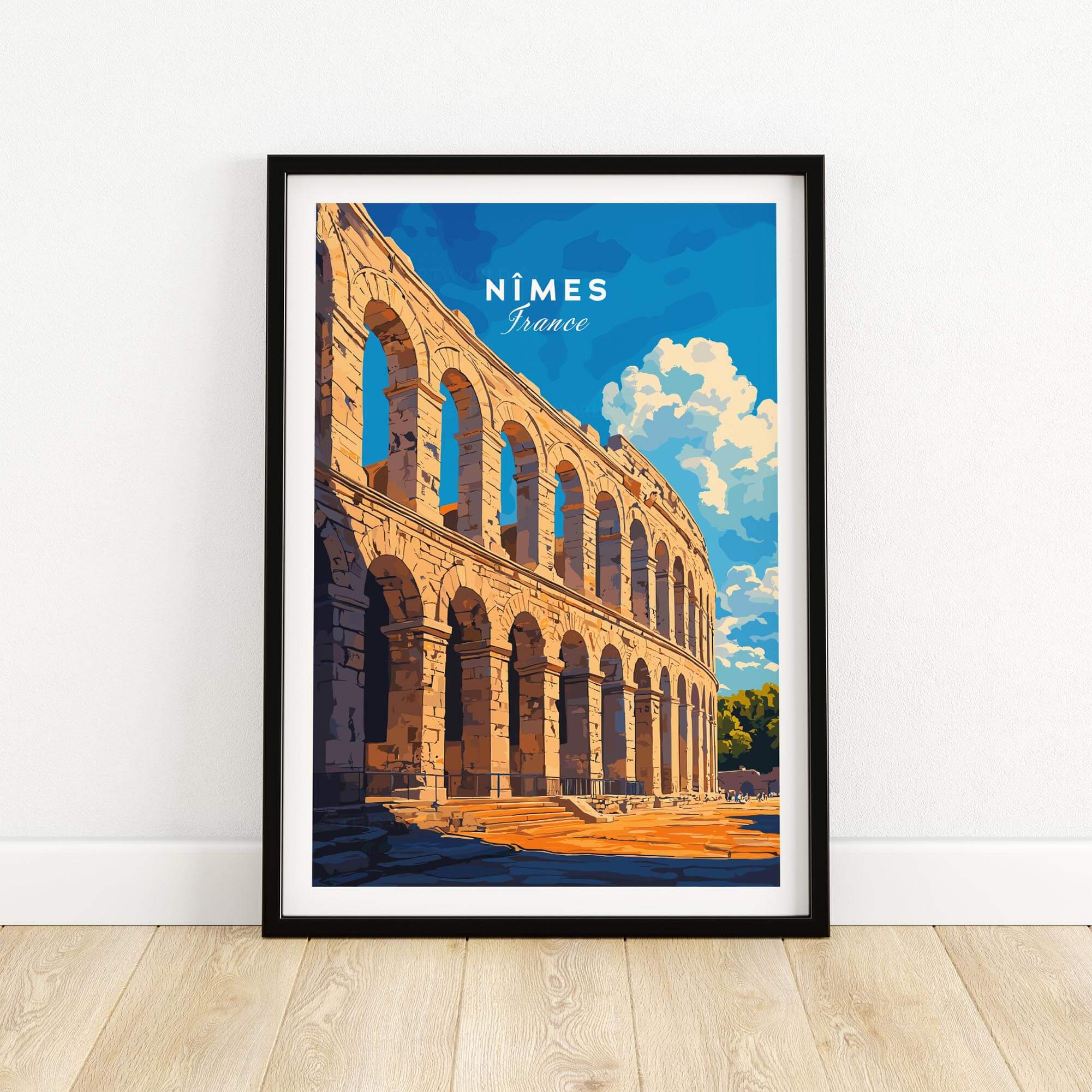 Nimes France Travel Print showcasing the iconic arches of the Roman amphitheater in Nimes, France.