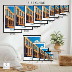 Nimes France Wall Art Print size guide showcasing various frame sizes and styles for home decoration.