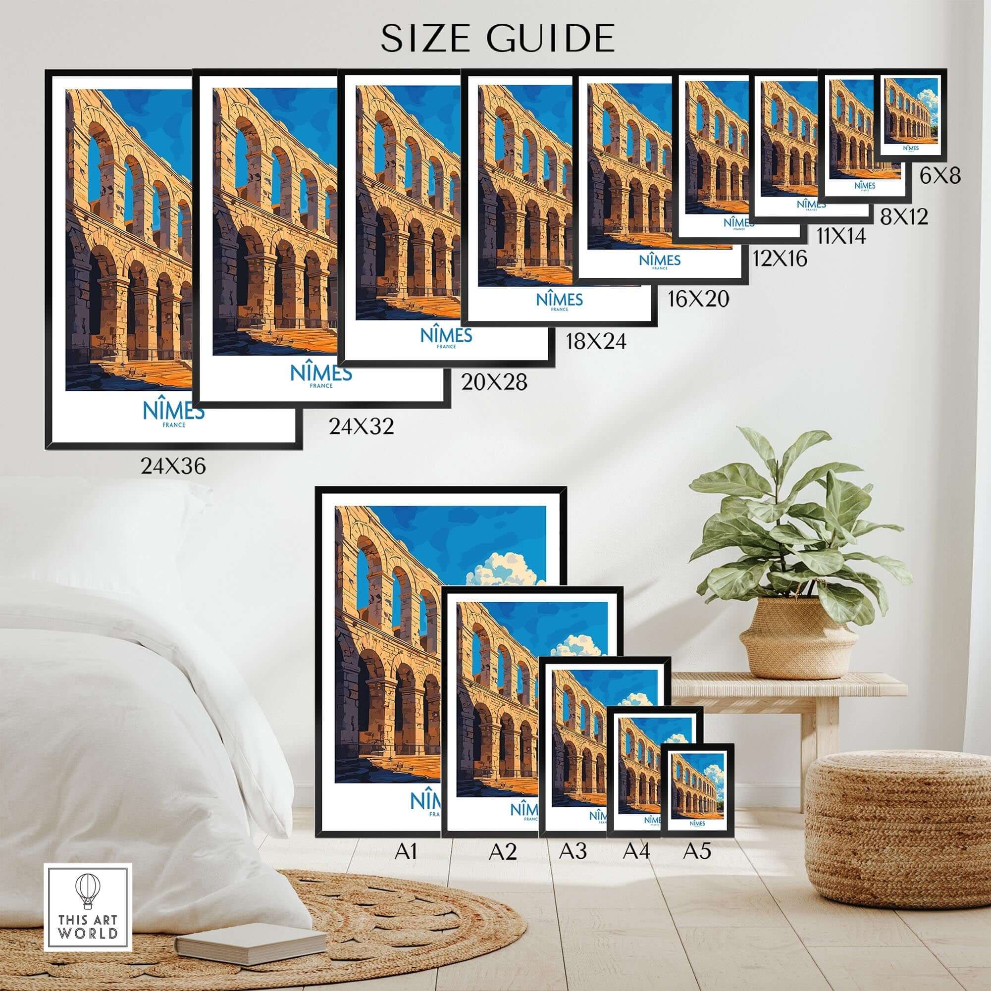 Nimes France Wall Art Print size guide showcasing various frame sizes and styles for home decoration.