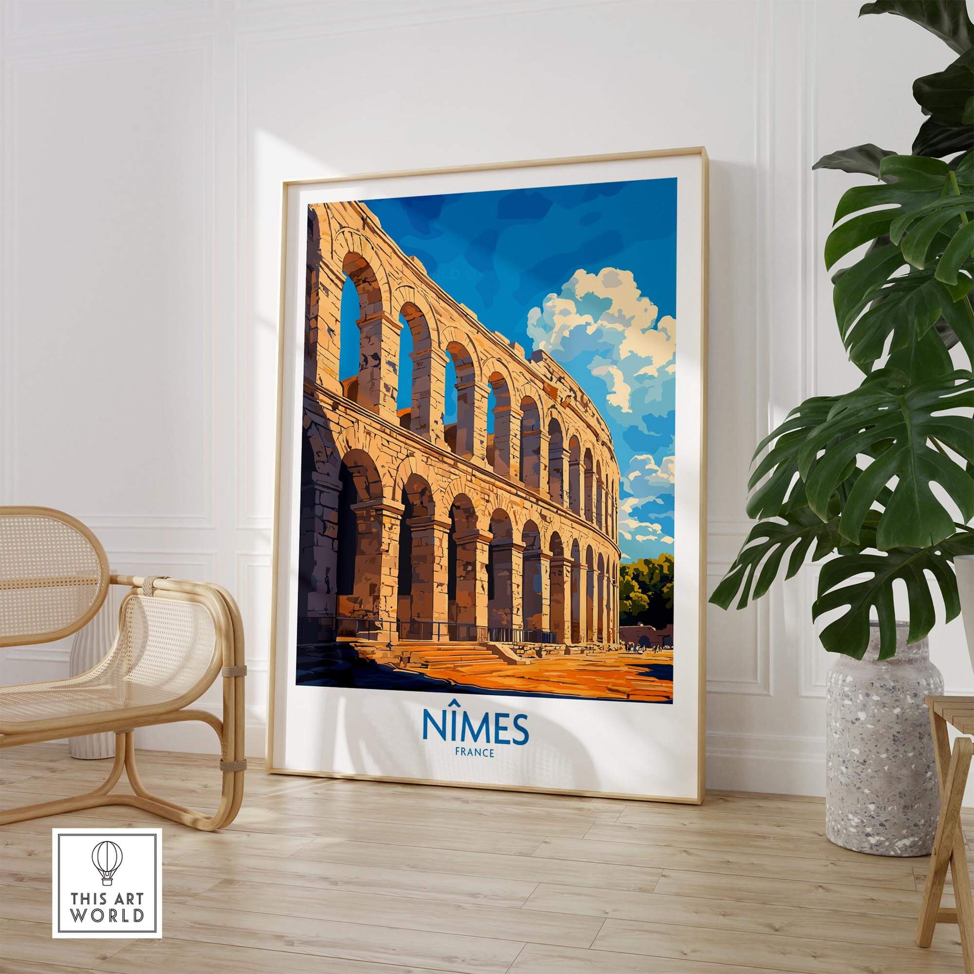 Nimes France Wall Art Print showcasing the historic architecture of Nimes in a stylish interior setting.