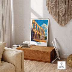 Nimes France Wall Art Print displayed in a stylish living room setting, showcasing the historic architecture of Nimes.