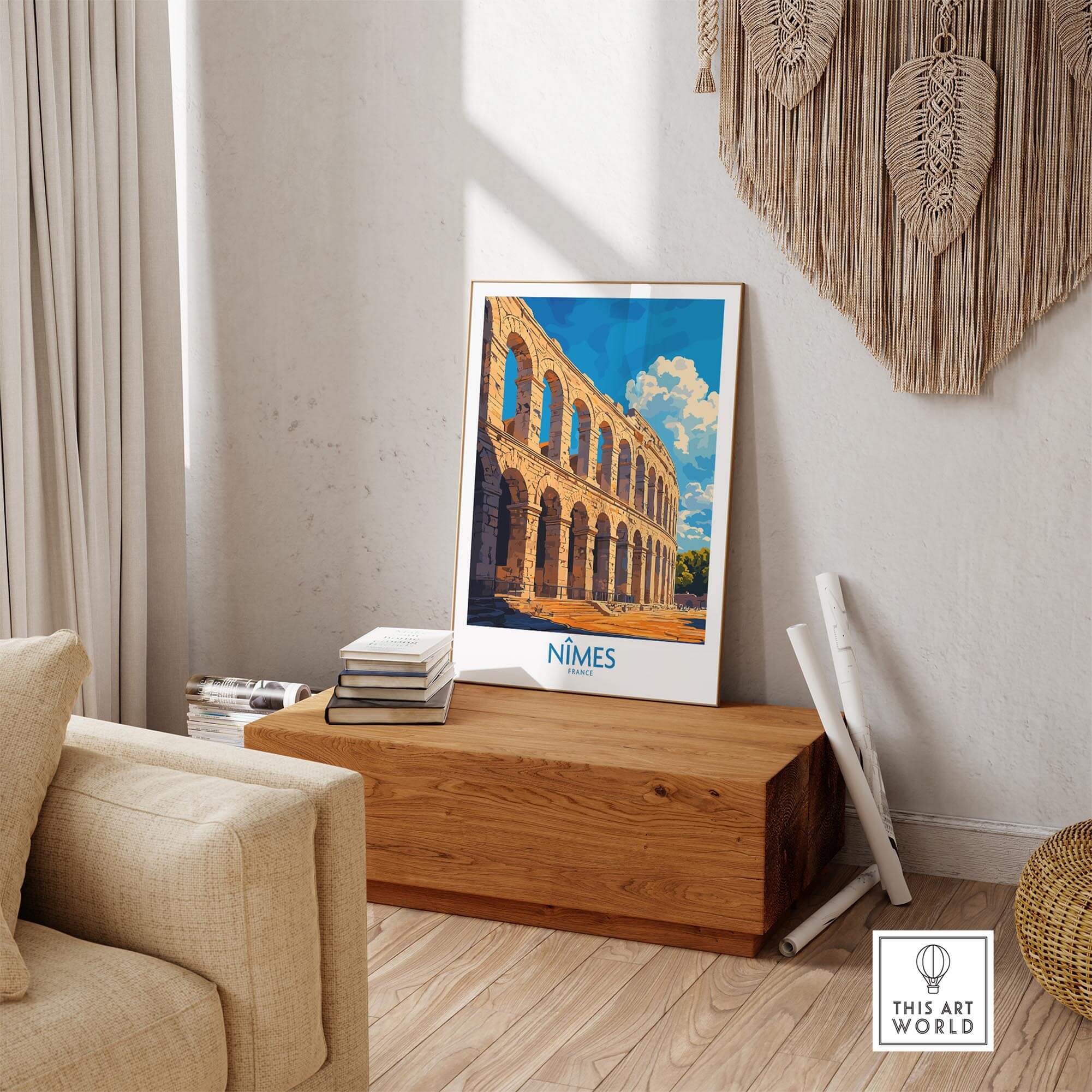 Nimes France Wall Art Print displayed in a stylish living room setting, showcasing the historic architecture of Nimes.