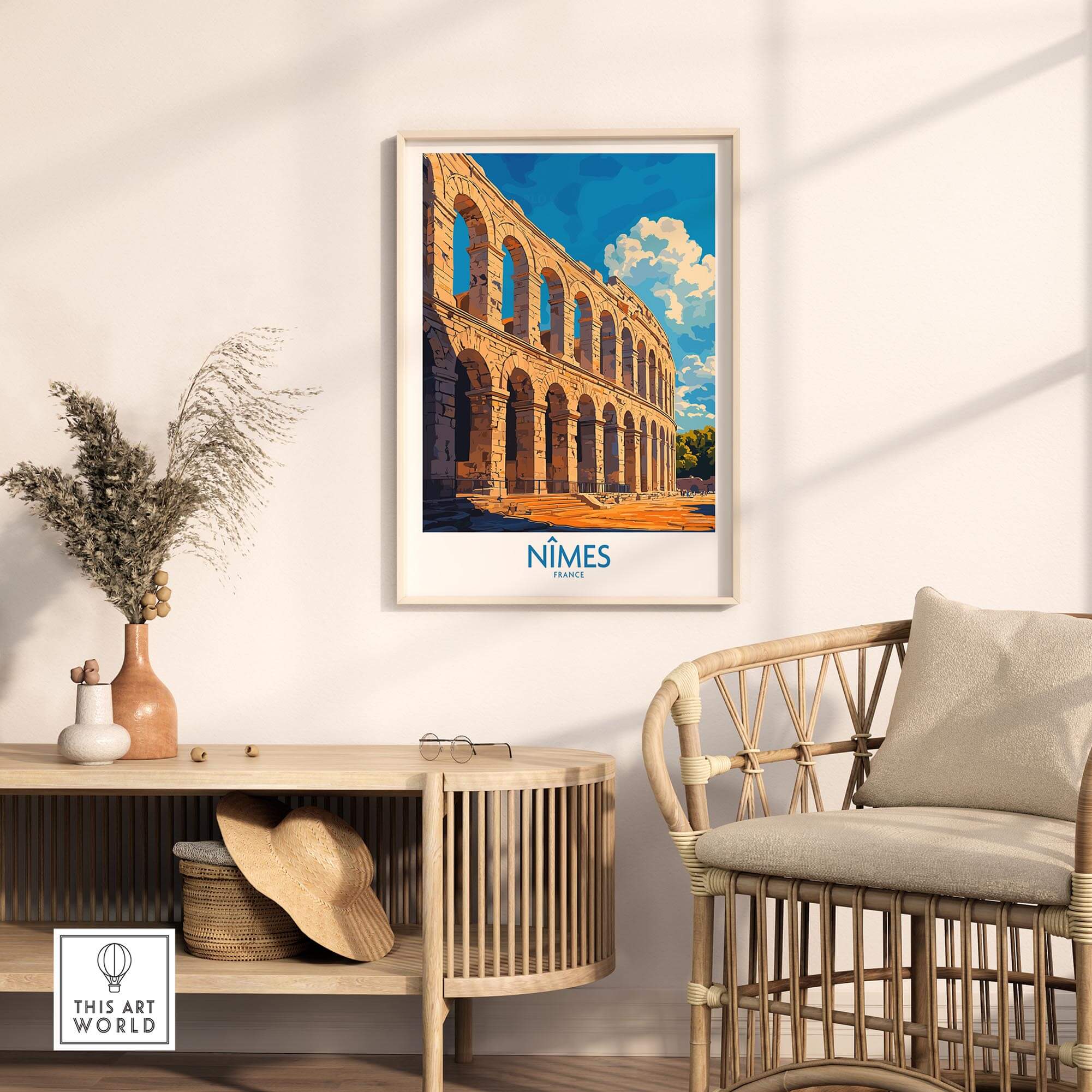 Nimes France Wall Art Print displayed in a modern living room decor.
