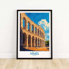Nimes France Wall Art Print featuring the iconic architecture of Nimes in vibrant colors.