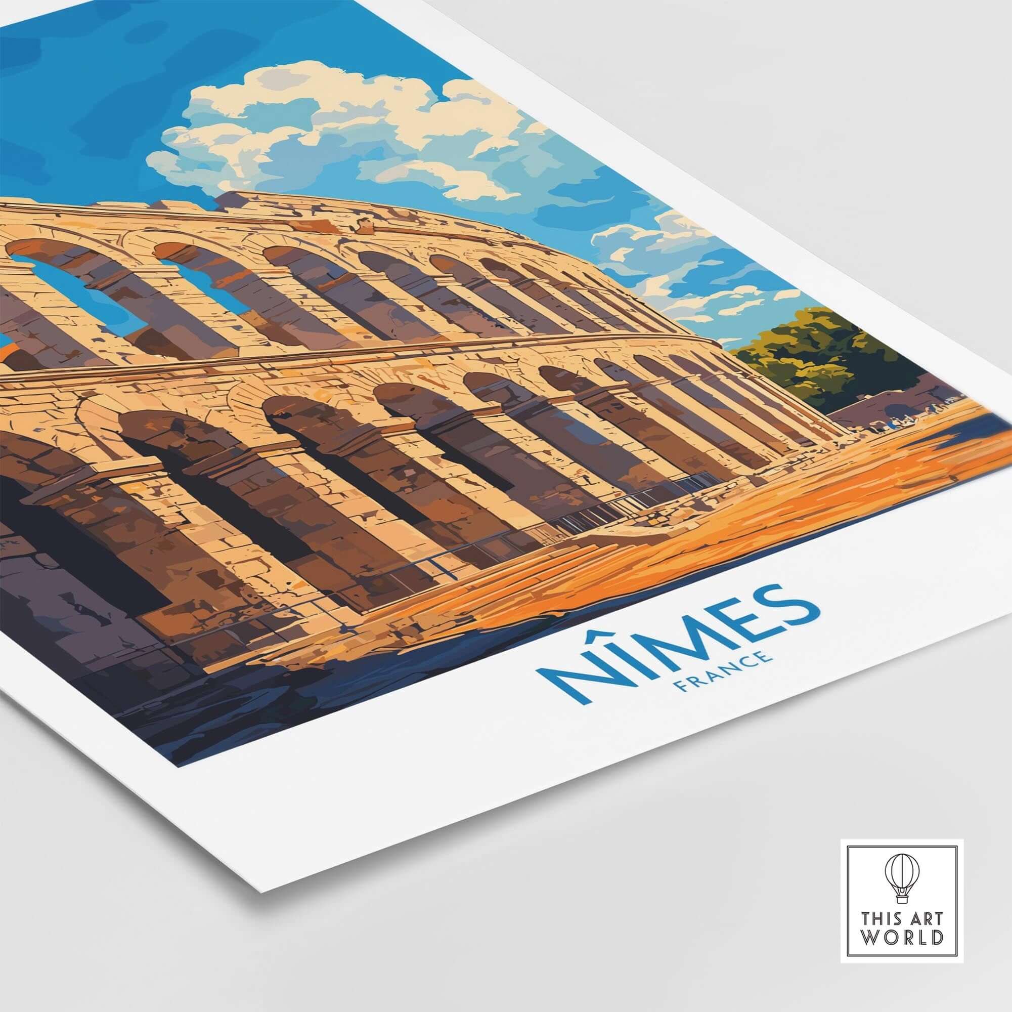 Nimes France Wall Art Print featuring the ancient Roman arena in vibrant colors and artistic styling.