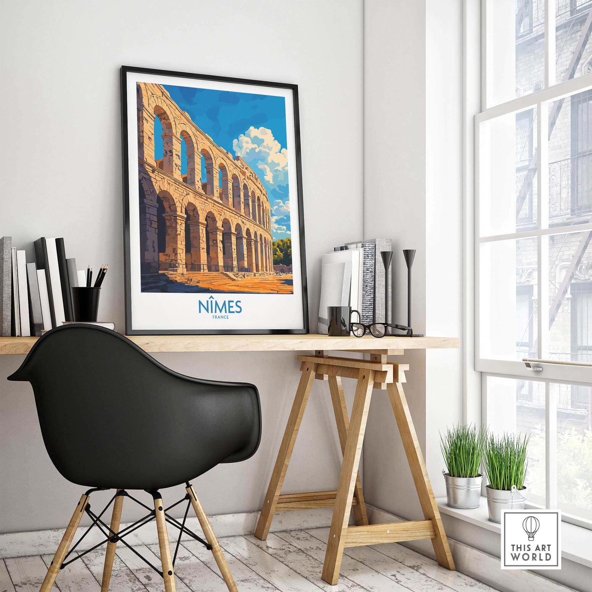 Nimes France Wall Art Print displayed in a stylish interior with a black chair and wooden desk.