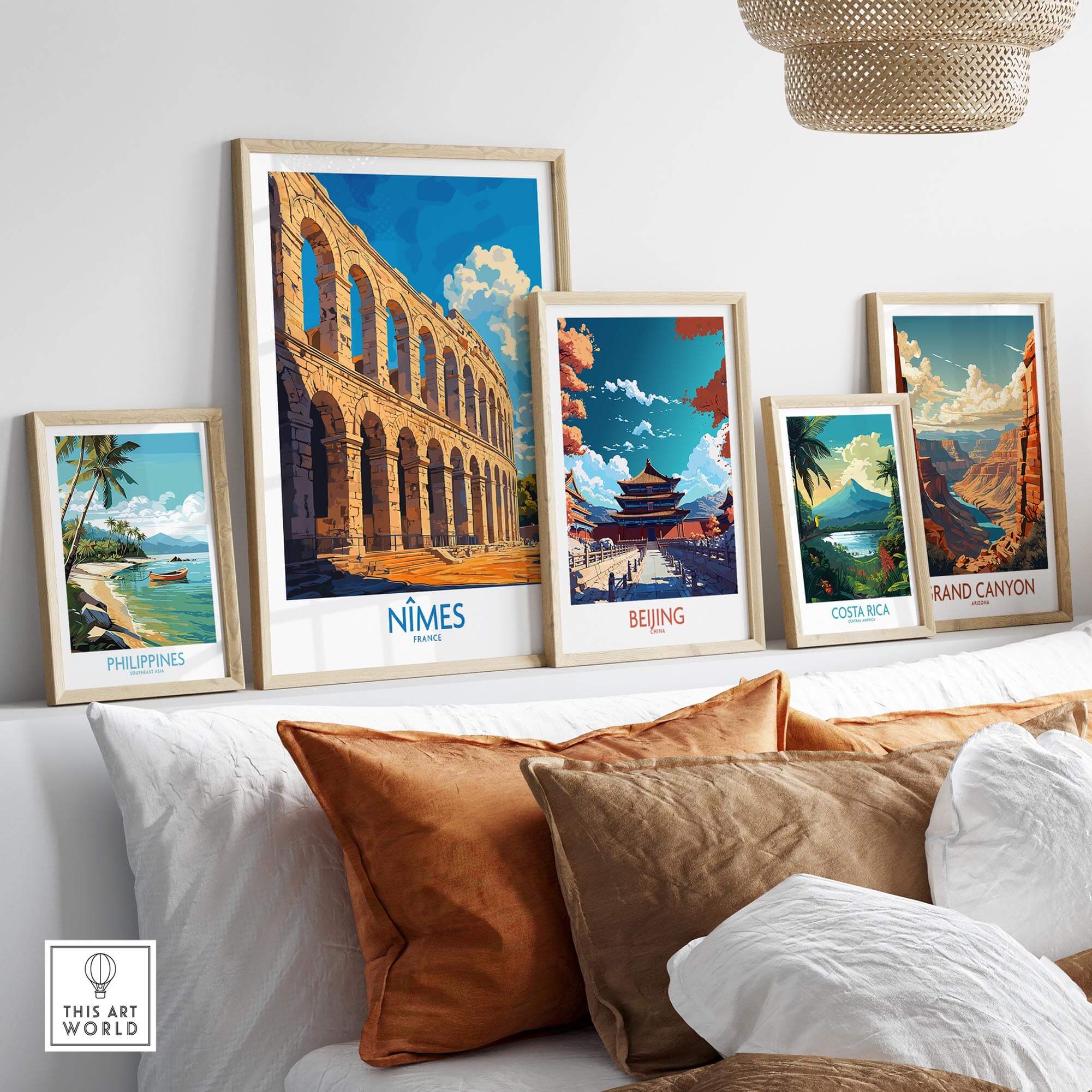 Nimes France Wall Art Print displayed among travel posters in a modern living room setting.