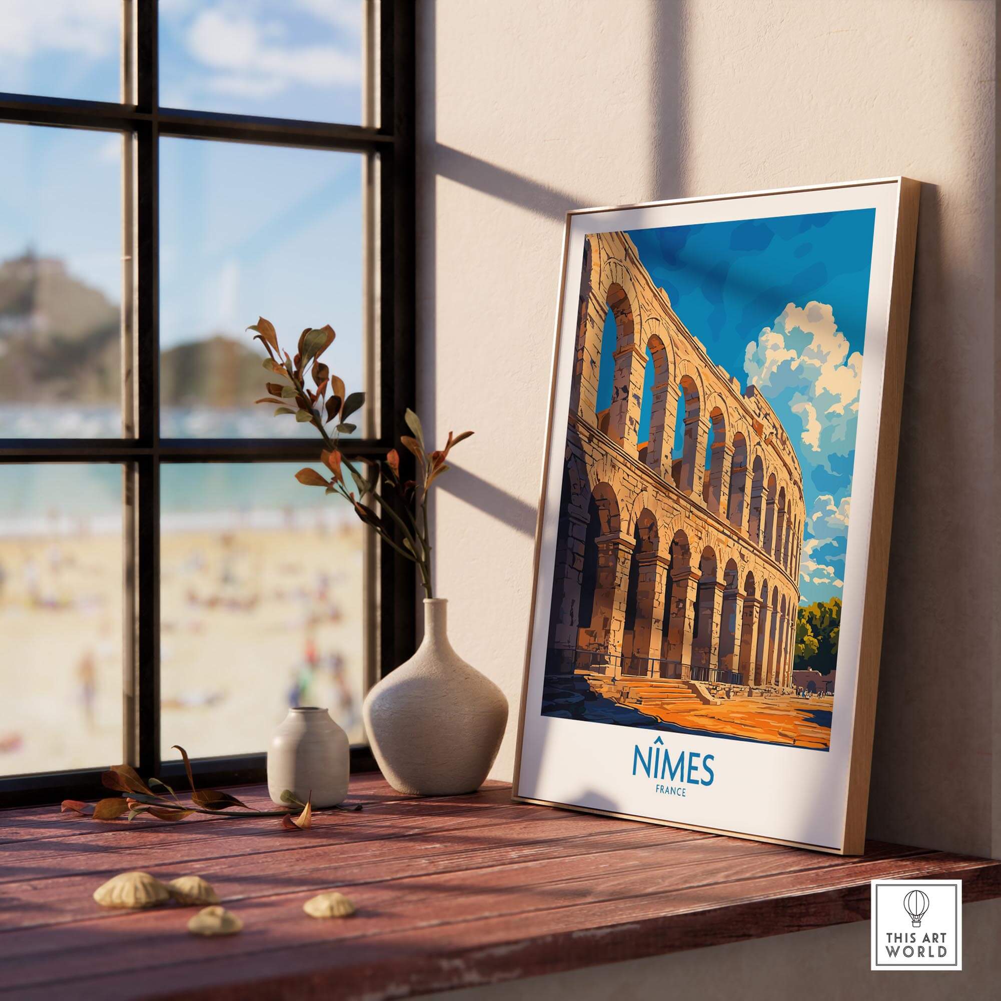 Nimes France Wall Art Print showcasing the historic architectural beauty of Nimes, France next to a window.