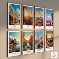 Nimes France Wall Art Print alongside other city travel posters including Paris, Florence, Tokyo, and Barcelona.