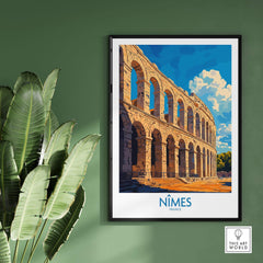 Nimes France Wall Art Print featuring the iconic architecture of Nimes, France in a vibrant travel poster style.