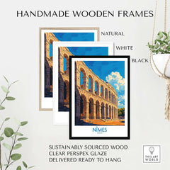 Nimes France Wall Art Print displayed in handmade wooden frames, showcasing natural, white, and black finishes.