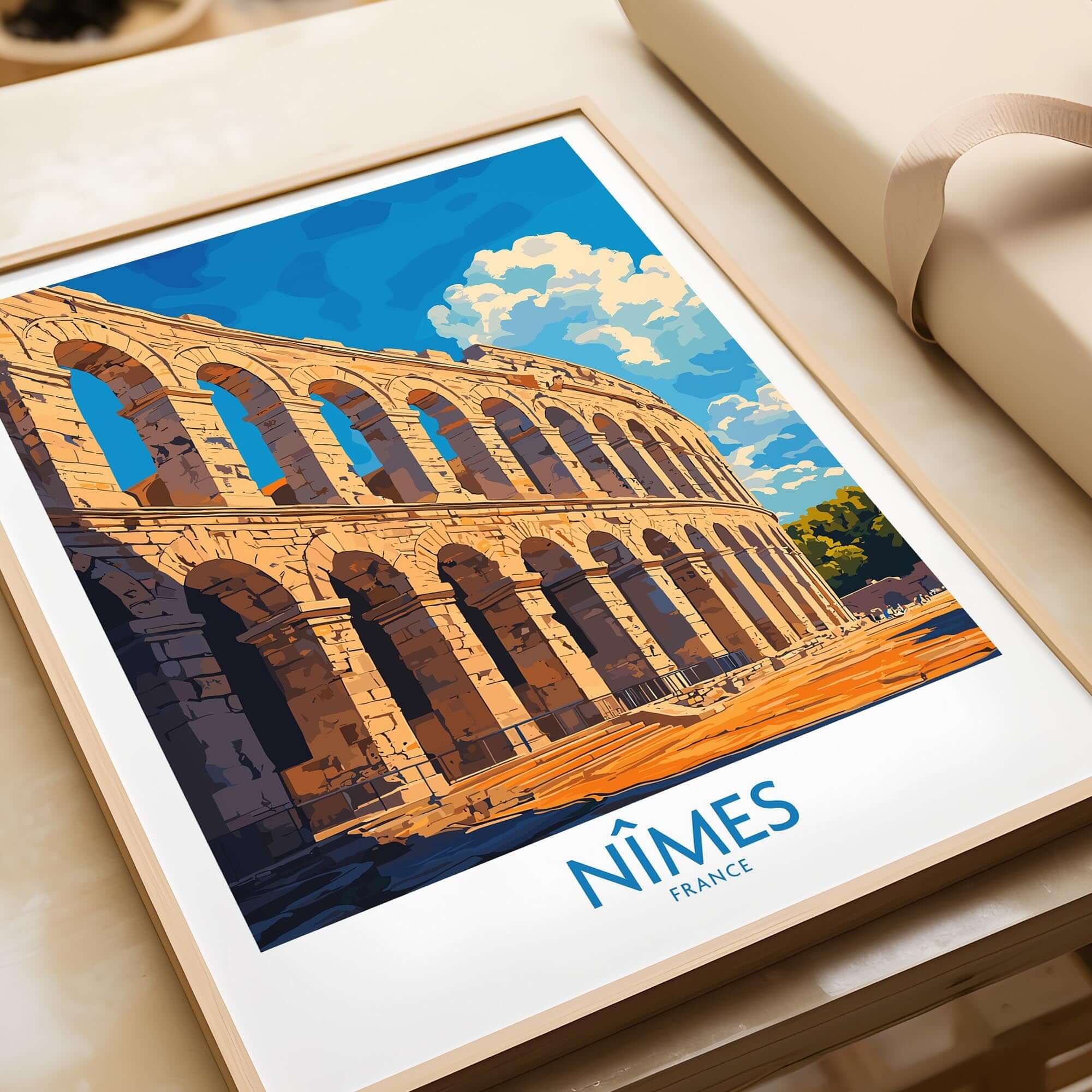 Nimes France Wall Art Print featuring the iconic Roman architecture of Nimes, framed and ready to enhance your home decor.