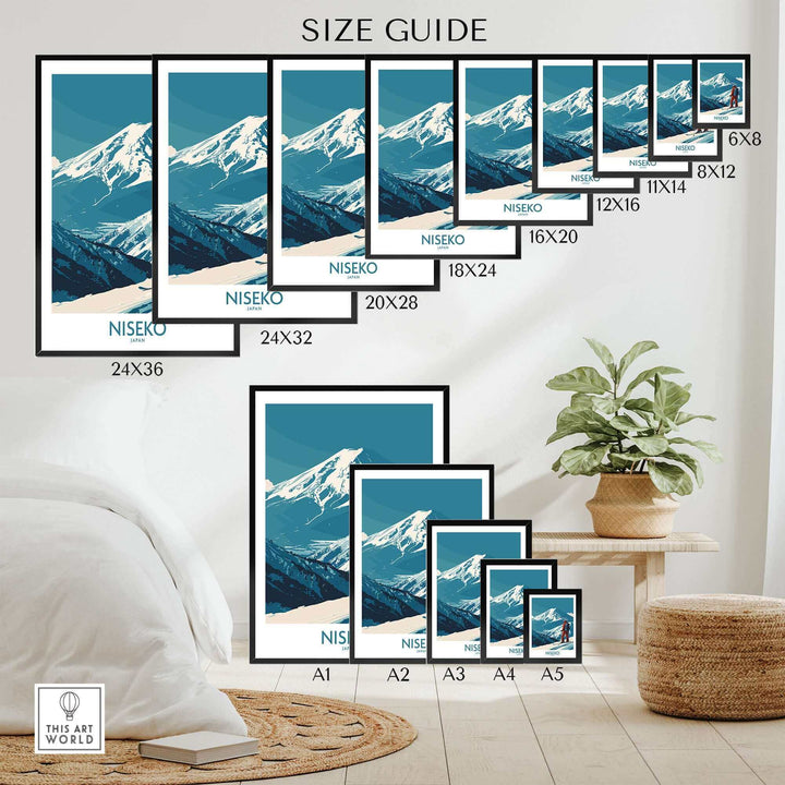 Niseko art print size guide, featuring a ski poster of Japan's snowy mountains in various dimensions from A1 to 8x12 inches.