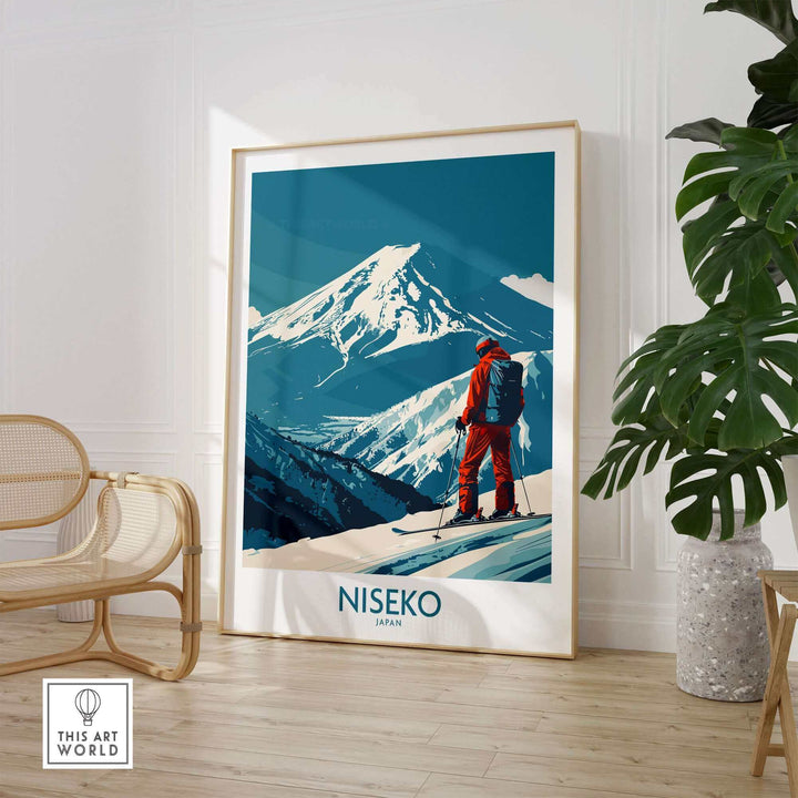 Niseko Art Print featuring a skier on a snowy mountain with clear blue sky, inspired by Japan's ski scenery.